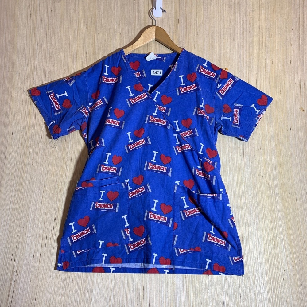 Vintage Crunch Bar Scrubs Medium Blue Short Sleeve Women's Pullover Y2K